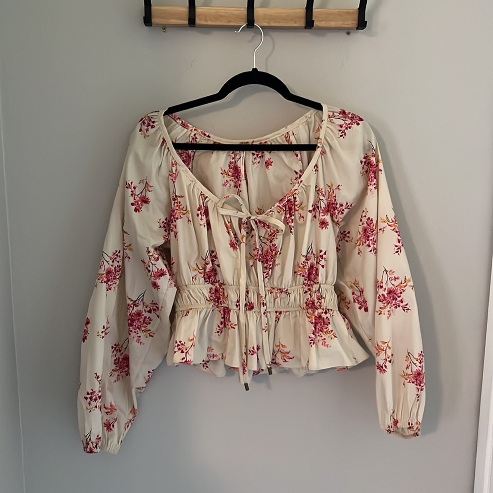 Free People Floral Milkmaid Peplum Top | Small | Cream & Pink - Picture 3 of 5